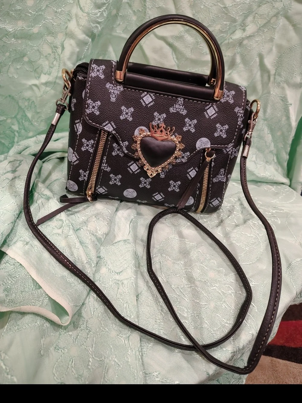 Black Heart Emblem Mini Satchel Handbag